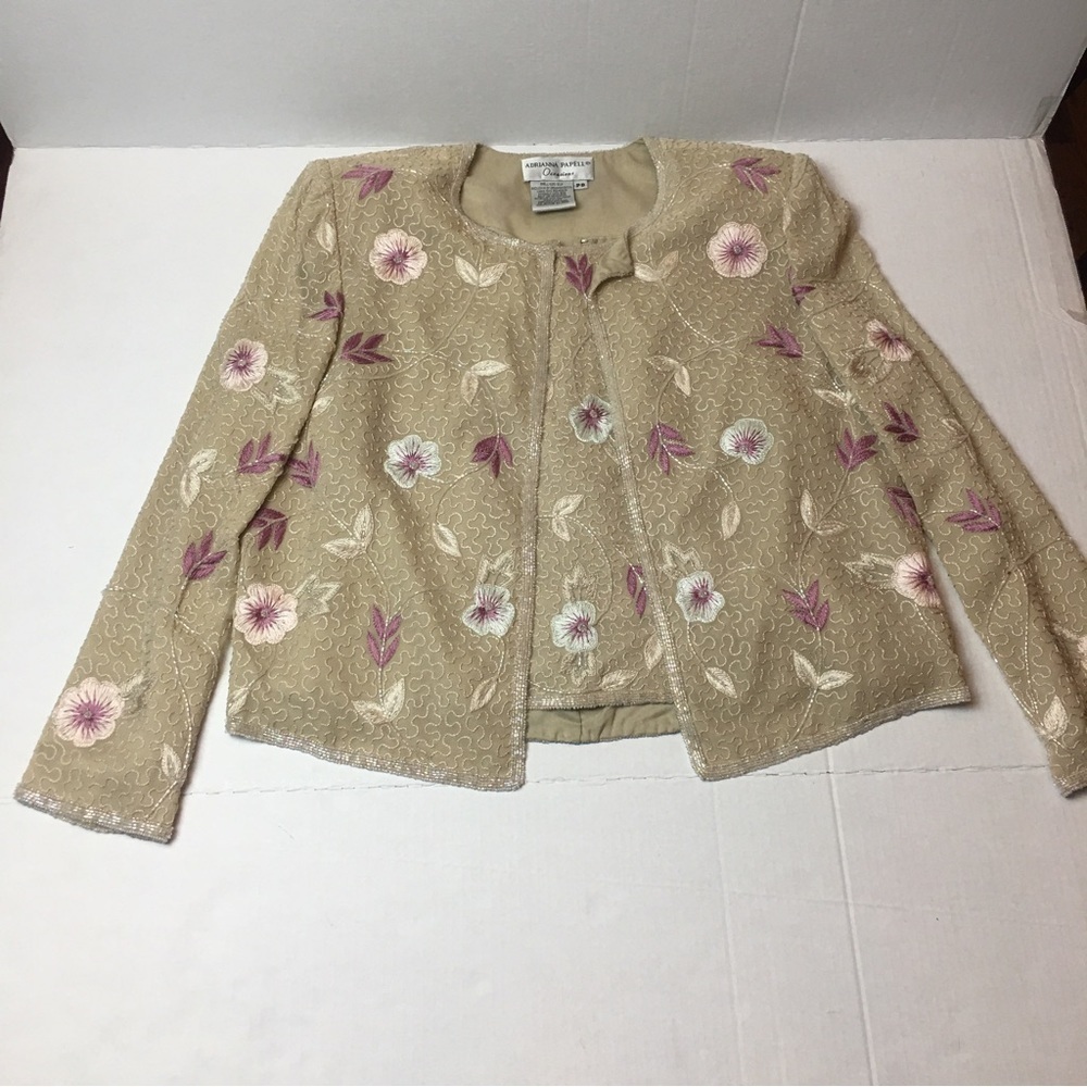 Adrianna Papell Y2K Beaded Silk Jacket & Tank Set Petite 8 Floral Eveningwear